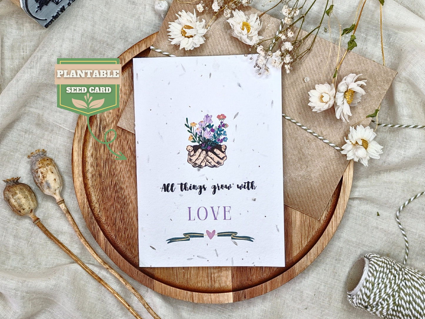 Plantable seed card for Valentine's day, All things grow with love, Nature’s Wishes eco-friendly cards, Girlfriend boyfriend Wildflower card