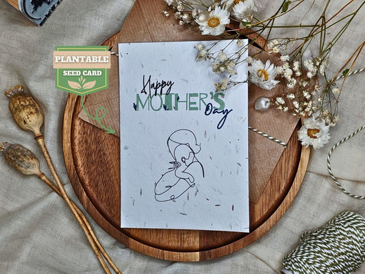 Plantable Happy Mother's Day card, Nature’s Wishes eco-friendly cards, Wildflower seed paper, Mom and Baby line drawing, Card to grow,